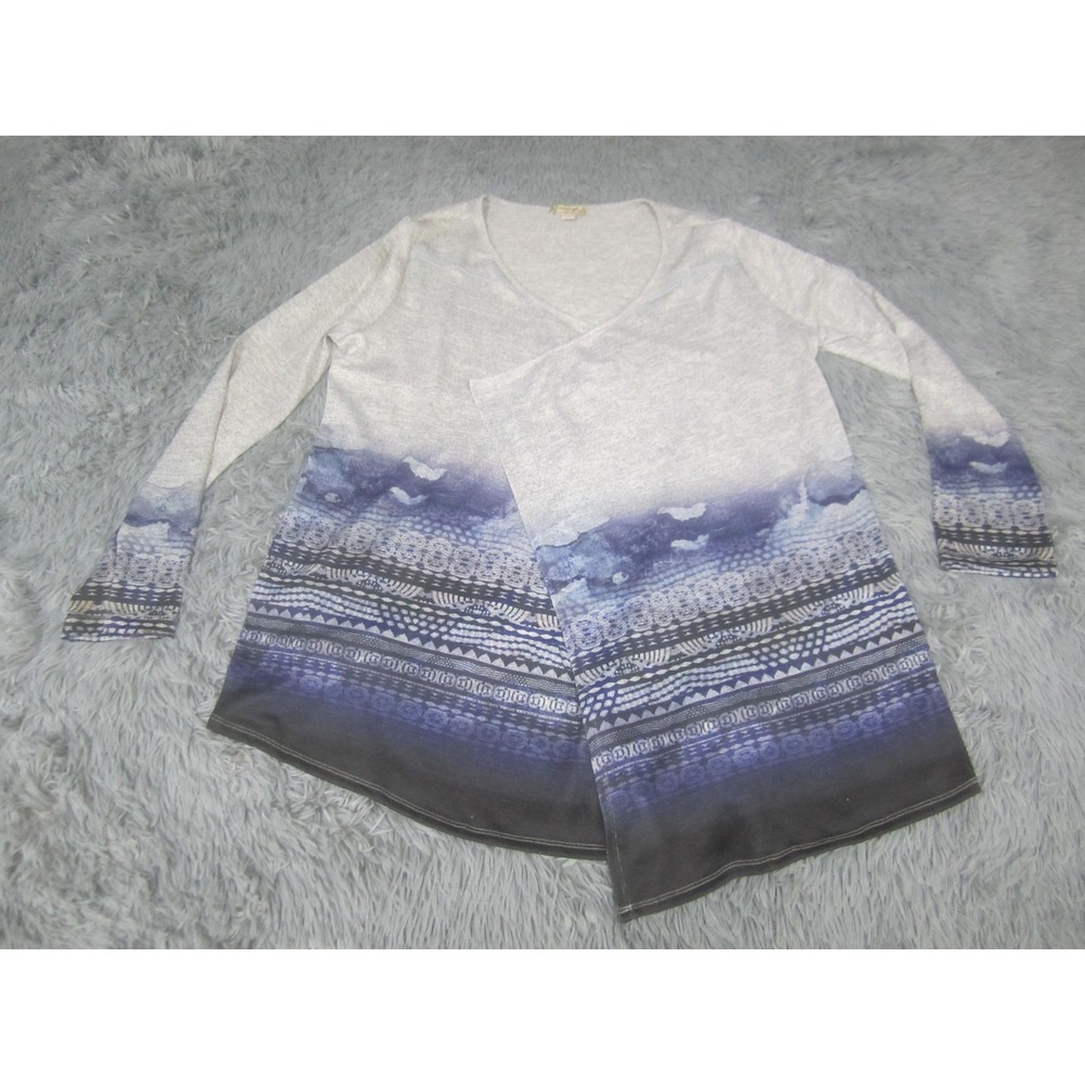 Energe‎ Sweater Womens Large Blue Gray Tribal Print V Neck Tunic Top Long Sleeve